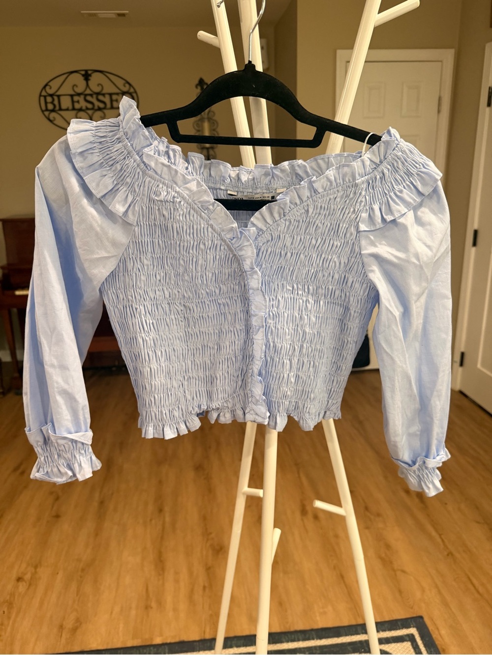 Zara Smocked Off-Shoulder Light Blue Ruffle Blouse